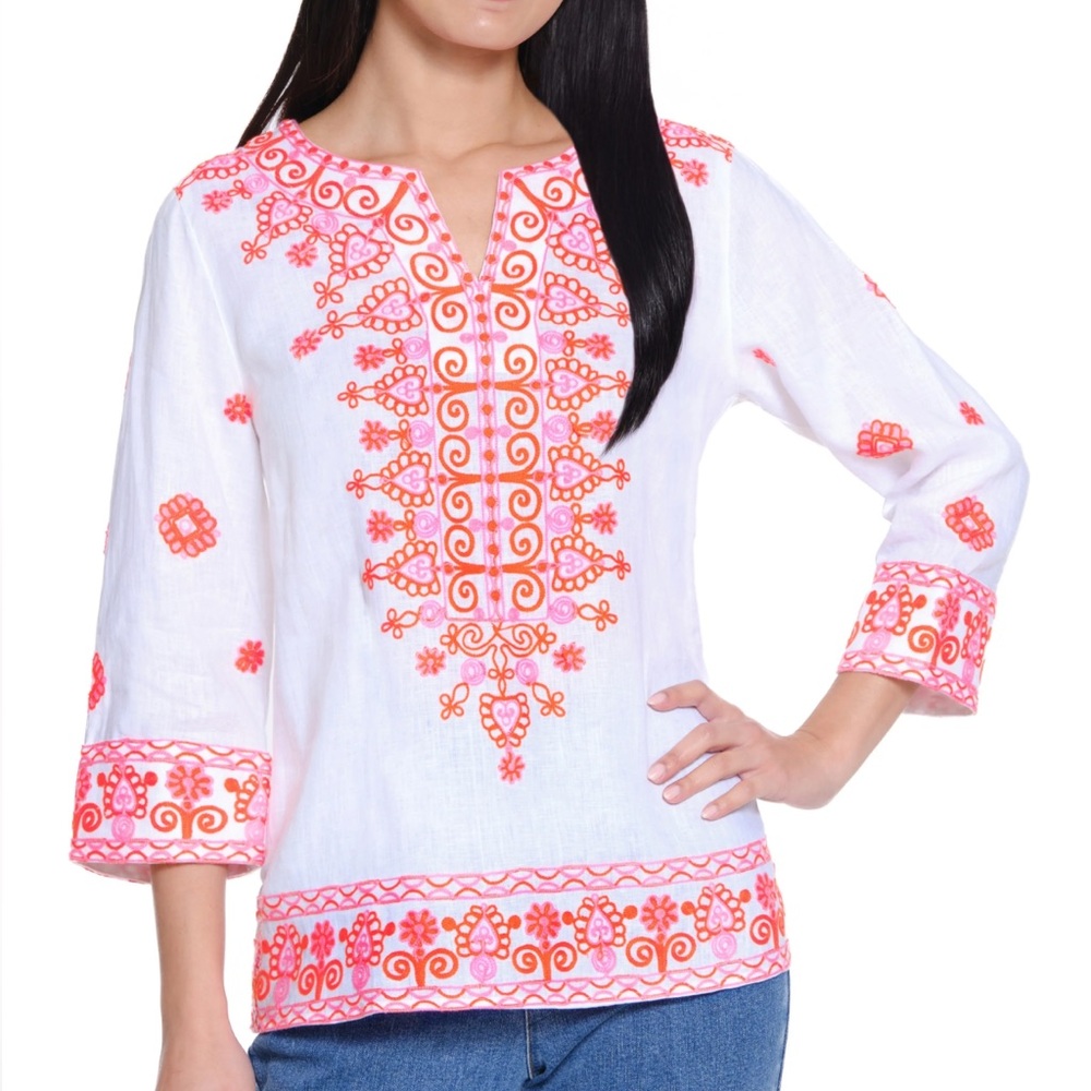 John Mark White Tunic with Pink & Orange Embroidery- NWT